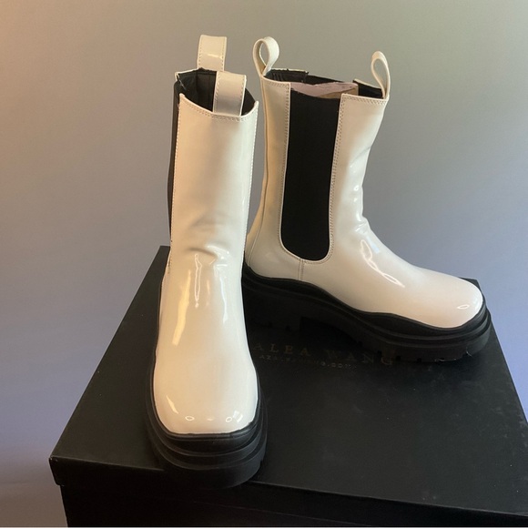 Azalea Wang Akira Ghosted White Black Chelsea Boot, Faux Patent Leather, NIB, 7 - Picture 1 of 16